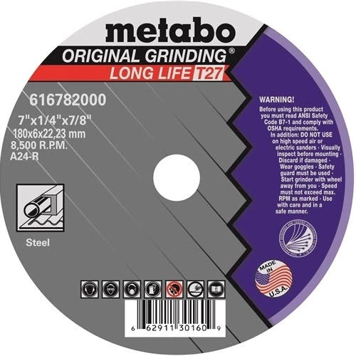 Metabo Longlife Original Grinding Wheel 7" X 1/4" X 7/8", Type 27, A24R 616782000 1 Metabo Longlife Original Grinding Wheel 7" X 1/4" X 7/8", Type 27, A24R 616782000