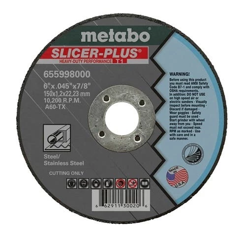 Metabo Type 27 Slicer Plus A60TX 4-1/2" x .045" x 7/8" Cutting Wheel 655351000 1 Metabo Type 27 Slicer Plus A60TX 4-1/2" x .045" x 7/8" Cutting Wheel 655351000
