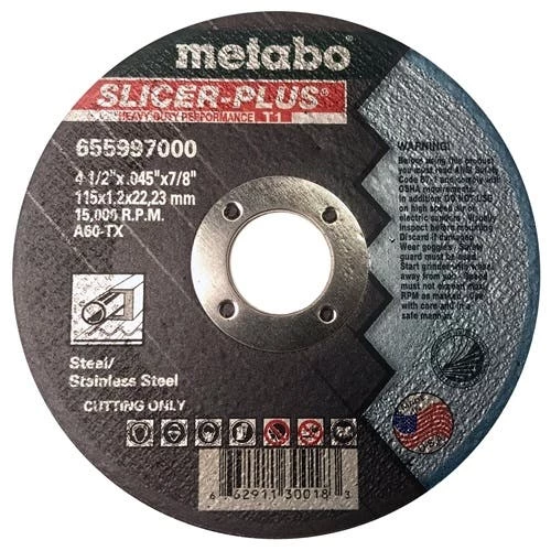Metabo Type 1 Slicer Plus A60TX 4-1/2" x .045" x 7/8" Cutting Wheel 655997000 1 Metabo Type 1 Slicer Plus A60TX 4-1/2" x .045" x 7/8" Cutting Wheel 655997000