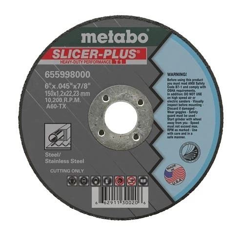 Metabo Type 1 Slicer Plus A60TX 6" x .045" x 7/8" Cutting Wheel 655998000 1 Metabo Type 1 Slicer Plus A60TX 6" x .045" x 7/8" Cutting Wheel 655998000